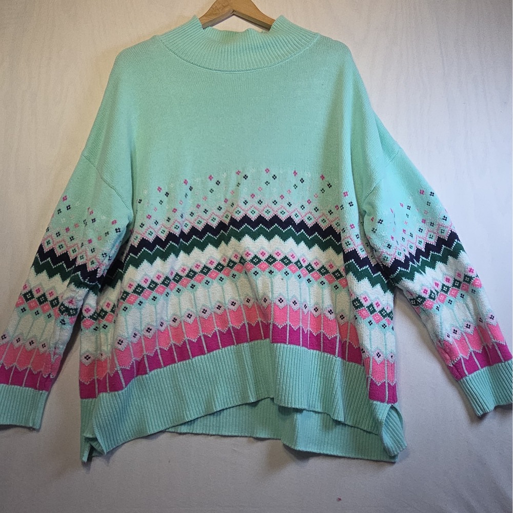 Crown & Ivy Women 2X Fair Isle Sweater Mint Pink Mock Neck High Low Cotton Blend